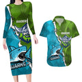 Personalised Sharks And Raiders Rugby Couples Matching Long Sleeve Bodycon Dress and Hawaiian Shirt Sporty Style
