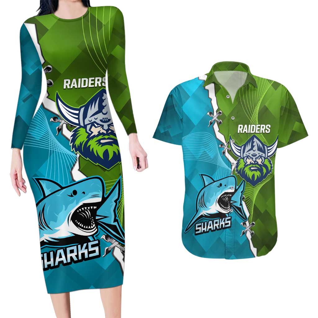 Personalised Sharks And Raiders Rugby Couples Matching Long Sleeve Bodycon Dress and Hawaiian Shirt Sporty Style