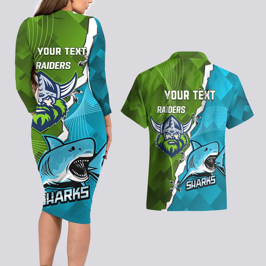 Personalised Sharks And Raiders Rugby Couples Matching Long Sleeve Bodycon Dress and Hawaiian Shirt Sporty Style