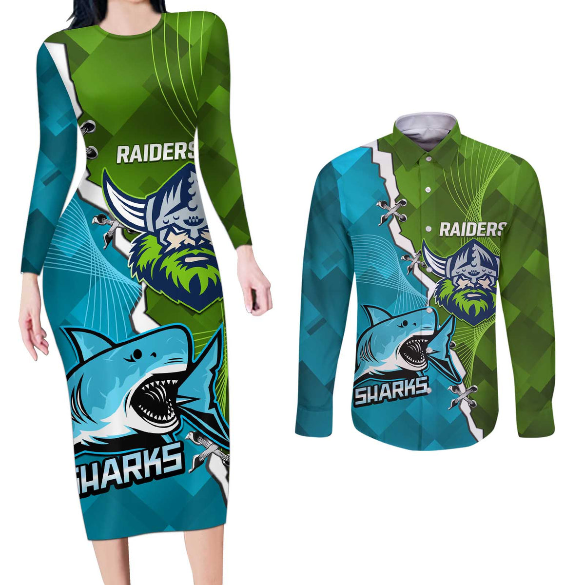 Personalised Sharks And Raiders Rugby Couples Matching Long Sleeve Bodycon Dress and Long Sleeve Button Shirt Sporty Style