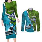Personalised Sharks And Raiders Rugby Couples Matching Long Sleeve Bodycon Dress and Long Sleeve Button Shirt Sporty Style