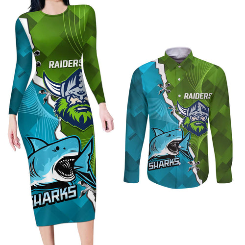Personalised Sharks And Raiders Rugby Couples Matching Long Sleeve Bodycon Dress and Long Sleeve Button Shirt Sporty Style