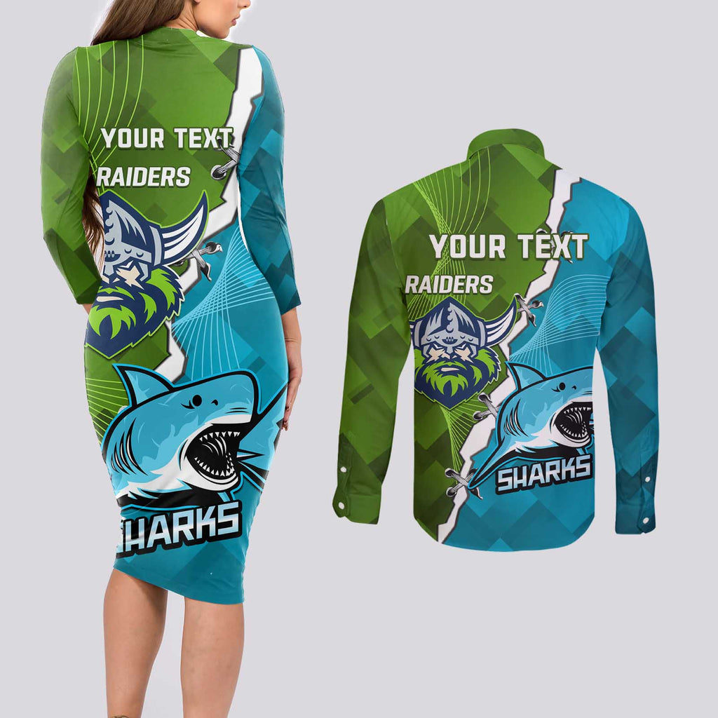 Personalised Sharks And Raiders Rugby Couples Matching Long Sleeve Bodycon Dress and Long Sleeve Button Shirt Sporty Style