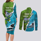 Personalised Sharks And Raiders Rugby Couples Matching Long Sleeve Bodycon Dress and Long Sleeve Button Shirt Sporty Style