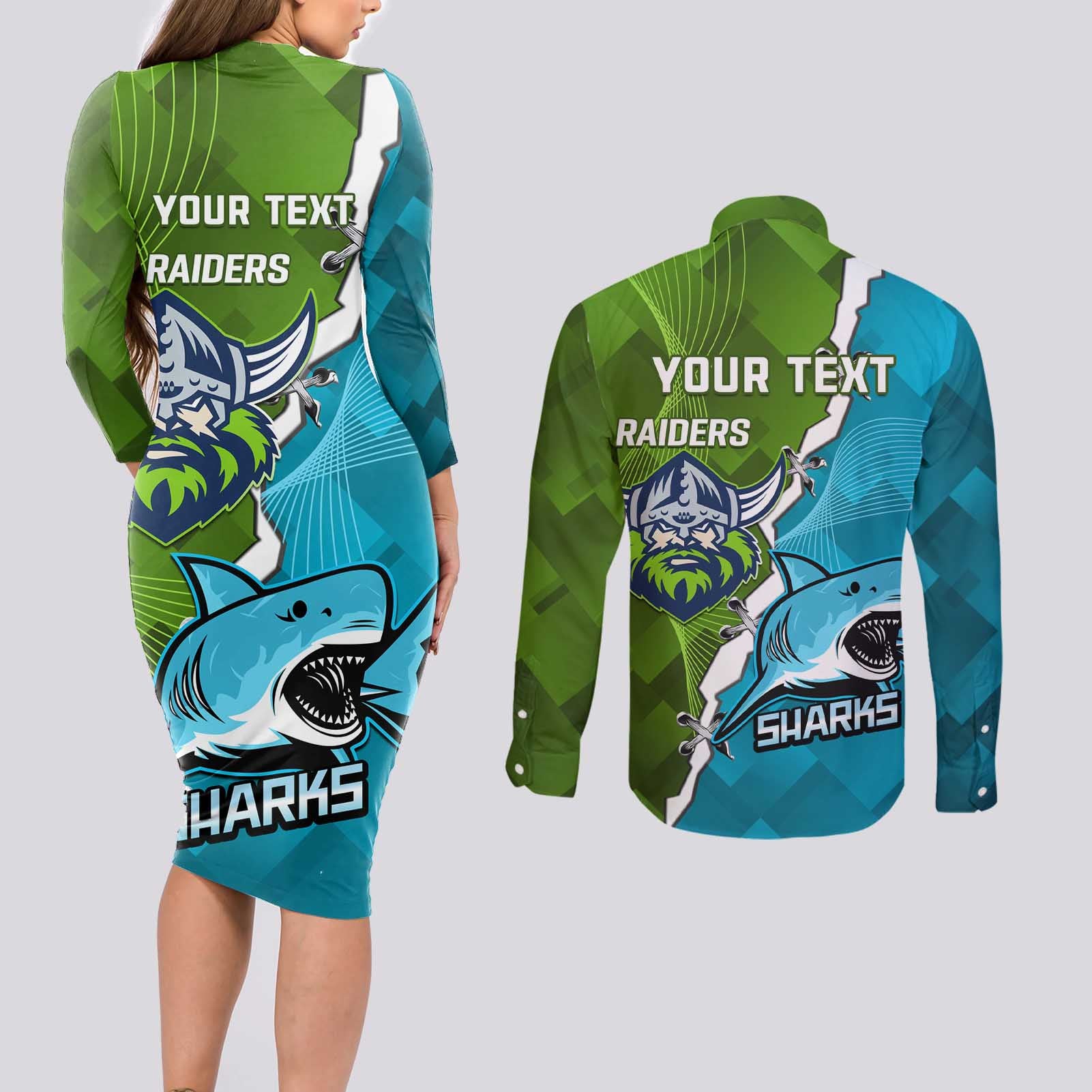 Personalised Sharks And Raiders Rugby Couples Matching Long Sleeve Bodycon Dress and Long Sleeve Button Shirt Sporty Style