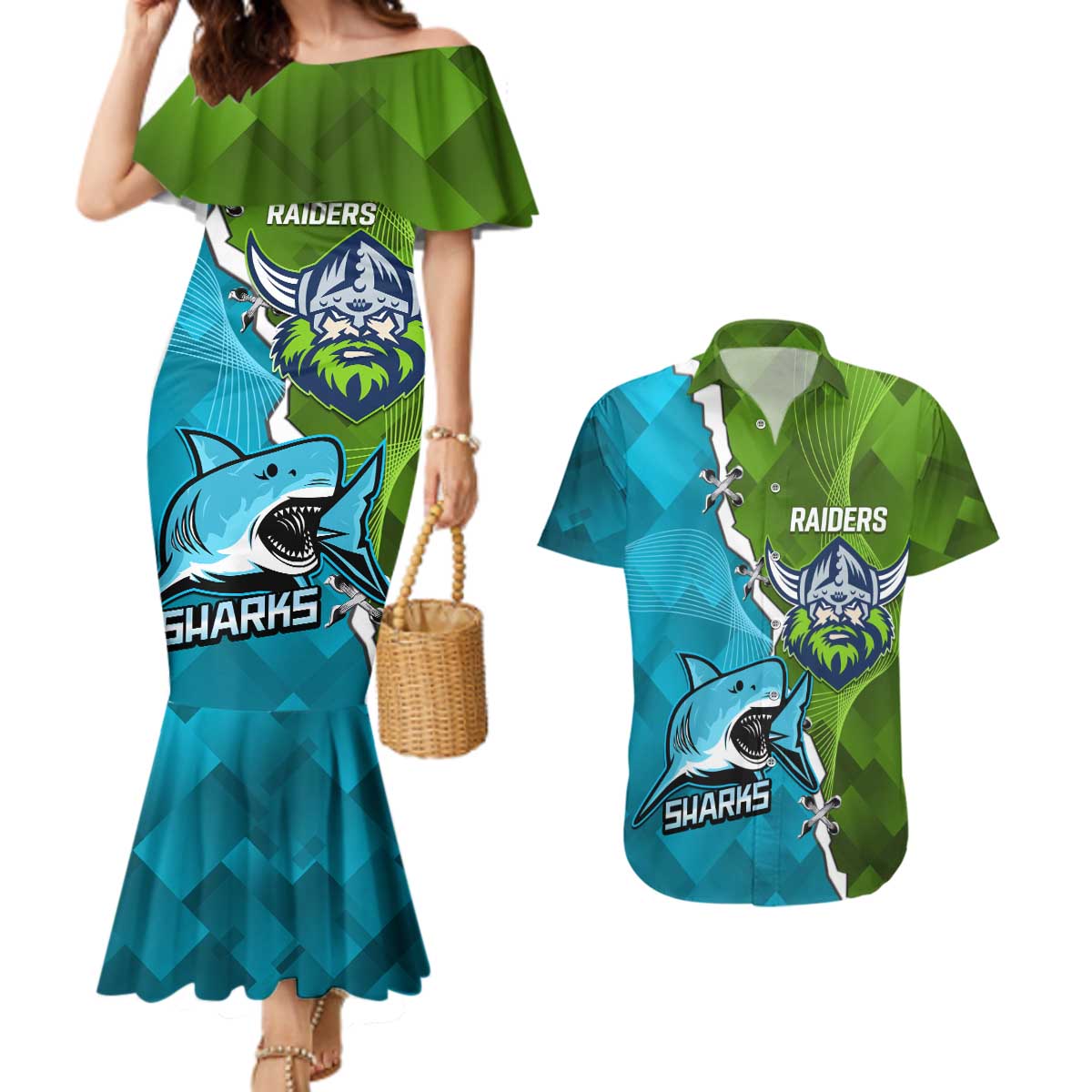 Personalised Sharks And Raiders Rugby Couples Matching Mermaid Dress and Hawaiian Shirt Sporty Style