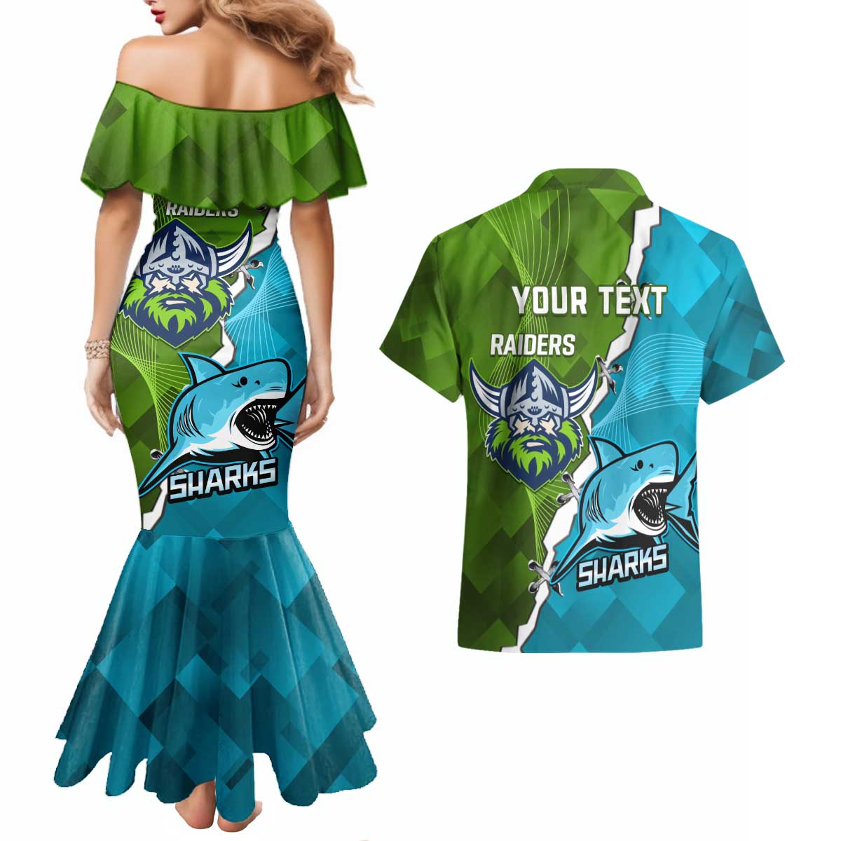 Personalised Sharks And Raiders Rugby Couples Matching Mermaid Dress and Hawaiian Shirt Sporty Style