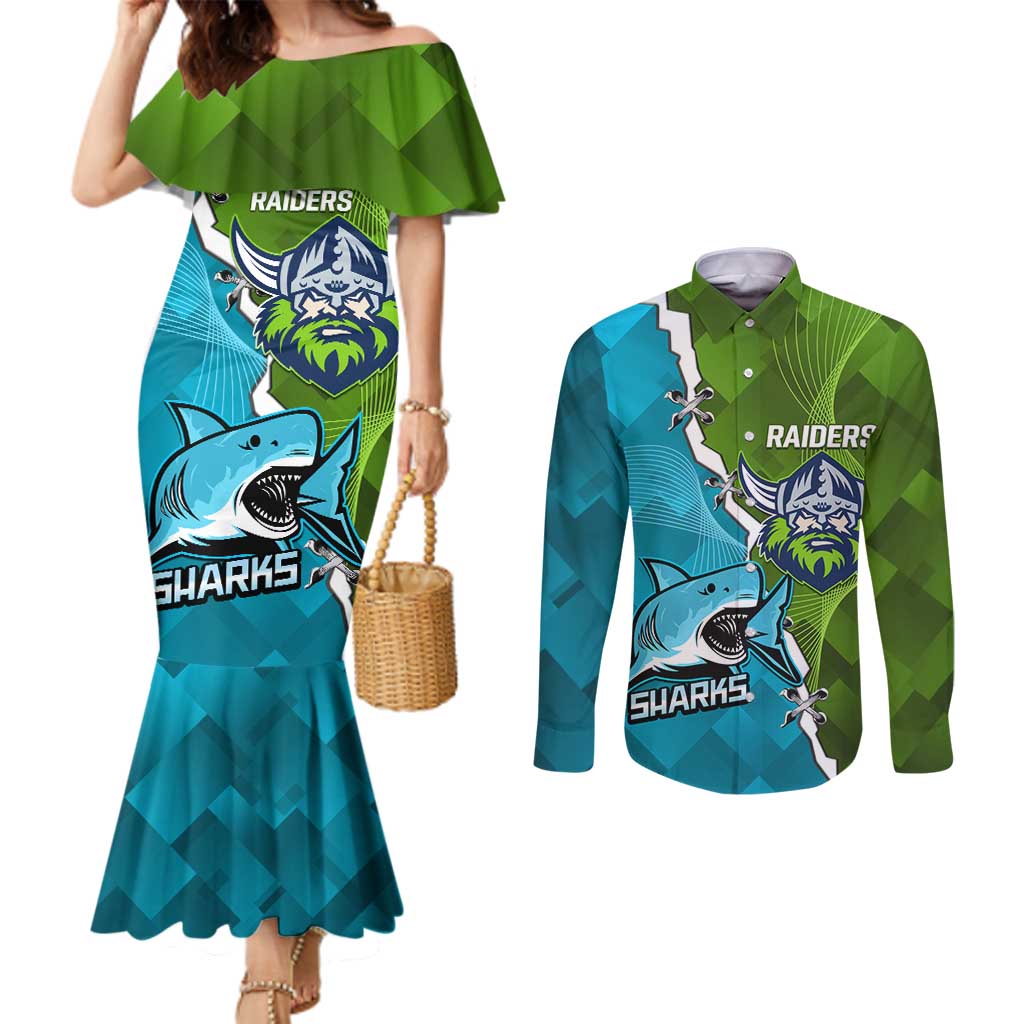 Personalised Sharks And Raiders Rugby Couples Matching Mermaid Dress and Long Sleeve Button Shirt Sporty Style