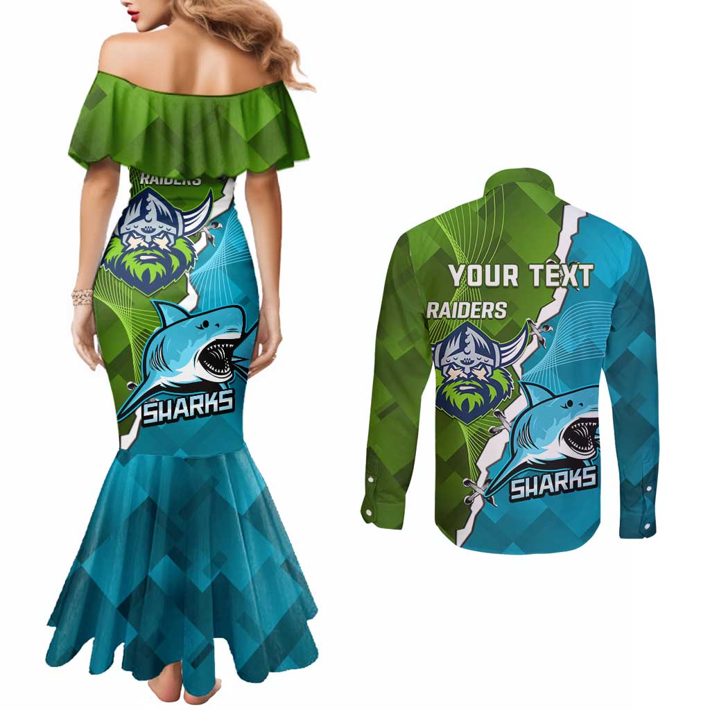 Personalised Sharks And Raiders Rugby Couples Matching Mermaid Dress and Long Sleeve Button Shirt Sporty Style