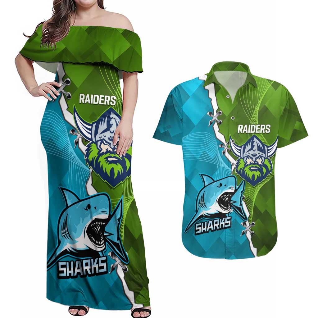 Personalised Sharks And Raiders Rugby Couples Matching Off Shoulder Maxi Dress and Hawaiian Shirt Sporty Style
