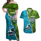 Personalised Sharks And Raiders Rugby Couples Matching Off Shoulder Maxi Dress and Hawaiian Shirt Sporty Style