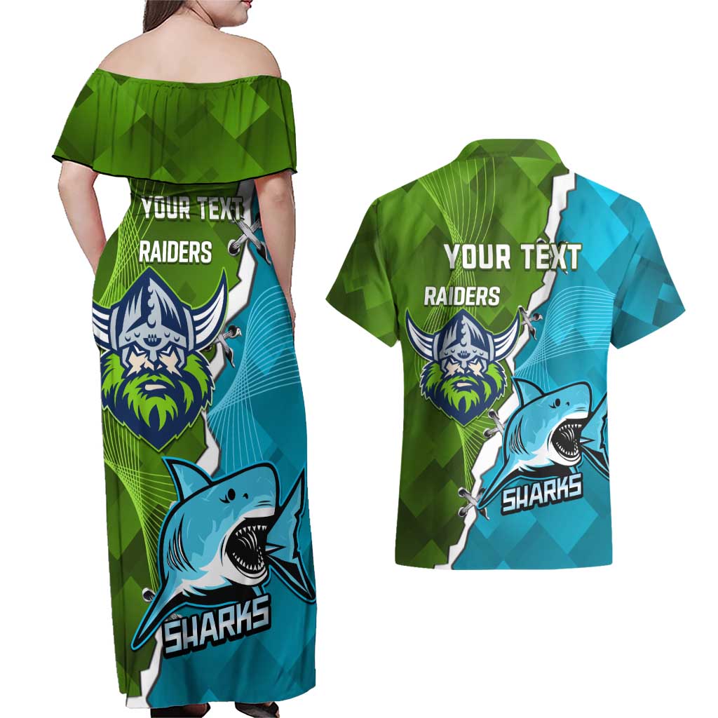 Personalised Sharks And Raiders Rugby Couples Matching Off Shoulder Maxi Dress and Hawaiian Shirt Sporty Style