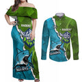 Personalised Sharks And Raiders Rugby Couples Matching Off Shoulder Maxi Dress and Long Sleeve Button Shirt Sporty Style