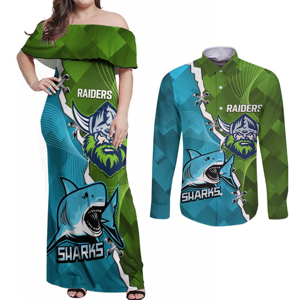 Personalised Sharks And Raiders Rugby Couples Matching Off Shoulder Maxi Dress and Long Sleeve Button Shirt Sporty Style