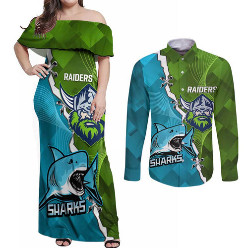 Personalised Sharks And Raiders Rugby Couples Matching Off Shoulder Maxi Dress and Long Sleeve Button Shirt Sporty Style