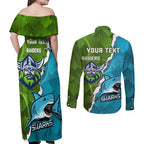 Personalised Sharks And Raiders Rugby Couples Matching Off Shoulder Maxi Dress and Long Sleeve Button Shirt Sporty Style