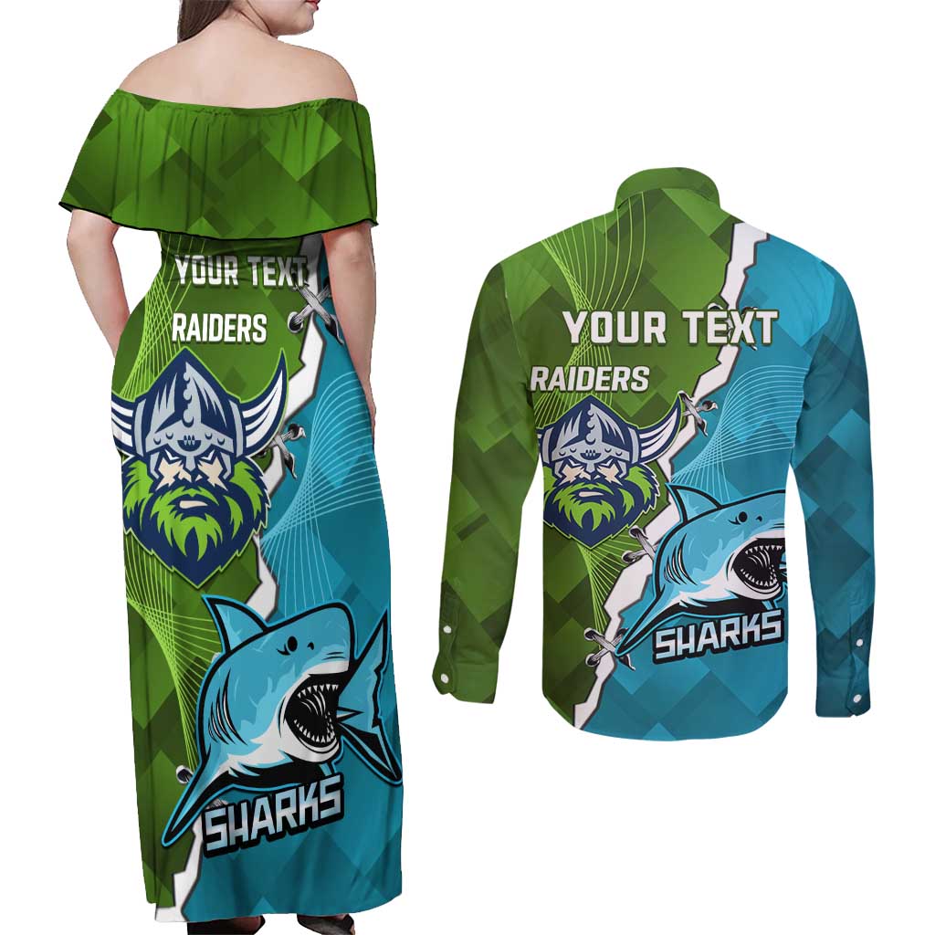 Personalised Sharks And Raiders Rugby Couples Matching Off Shoulder Maxi Dress and Long Sleeve Button Shirt Sporty Style