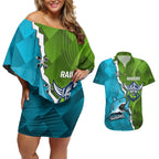 Personalised Sharks And Raiders Rugby Couples Matching Off Shoulder Short Dress and Hawaiian Shirt Sporty Style