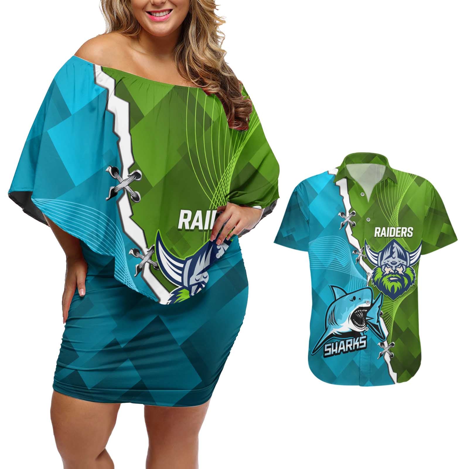 Personalised Sharks And Raiders Rugby Couples Matching Off Shoulder Short Dress and Hawaiian Shirt Sporty Style