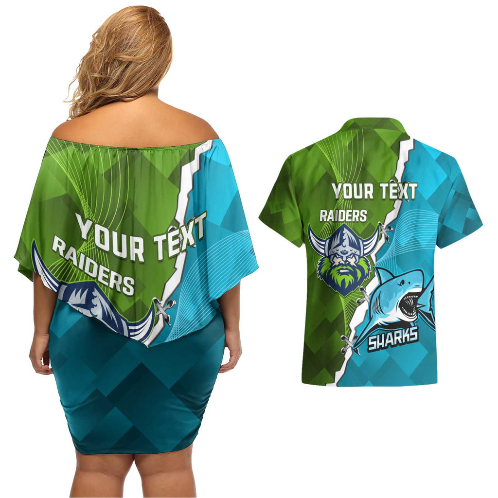 Personalised Sharks And Raiders Rugby Couples Matching Off Shoulder Short Dress and Hawaiian Shirt Sporty Style