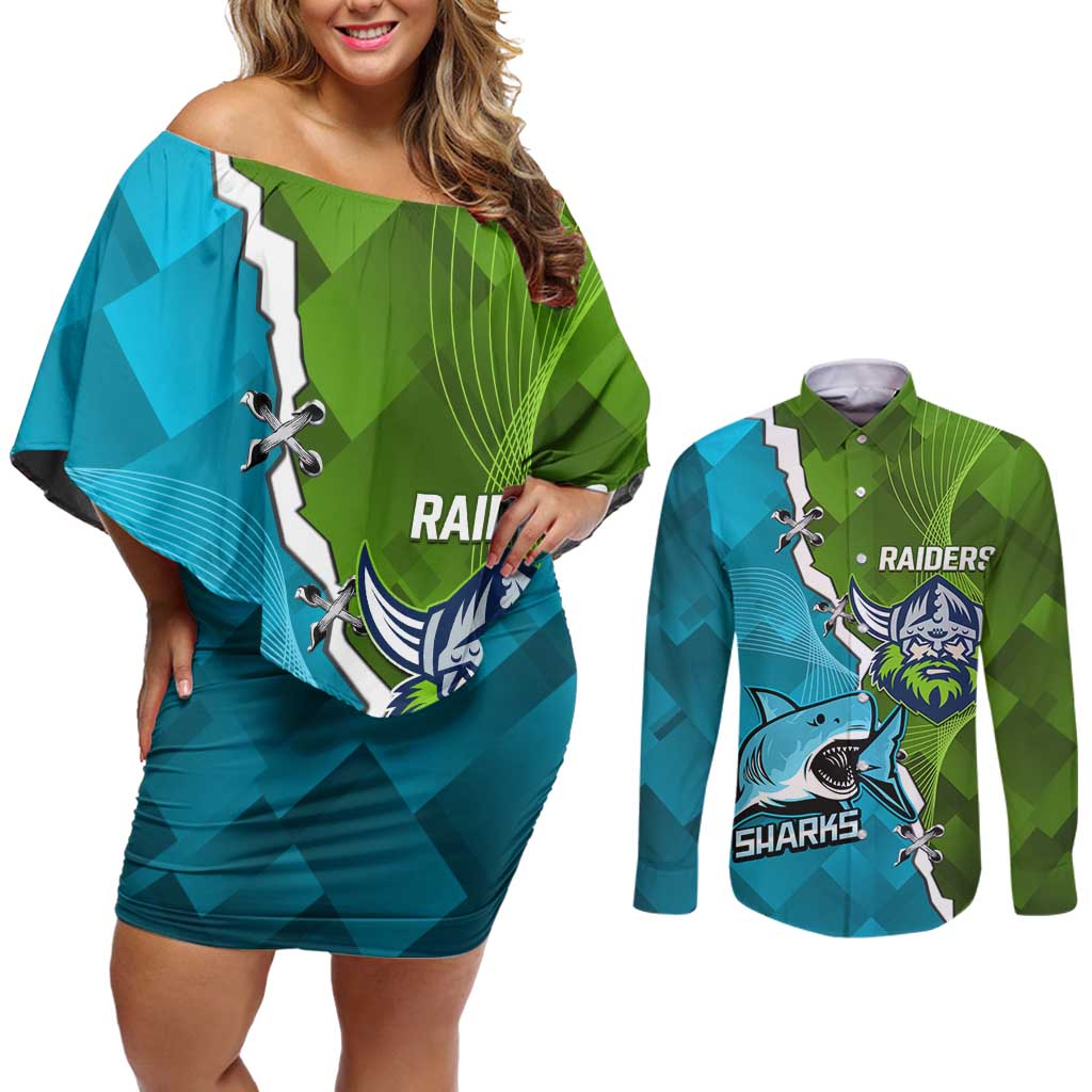 Personalised Sharks And Raiders Rugby Couples Matching Off Shoulder Short Dress and Long Sleeve Button Shirt Sporty Style