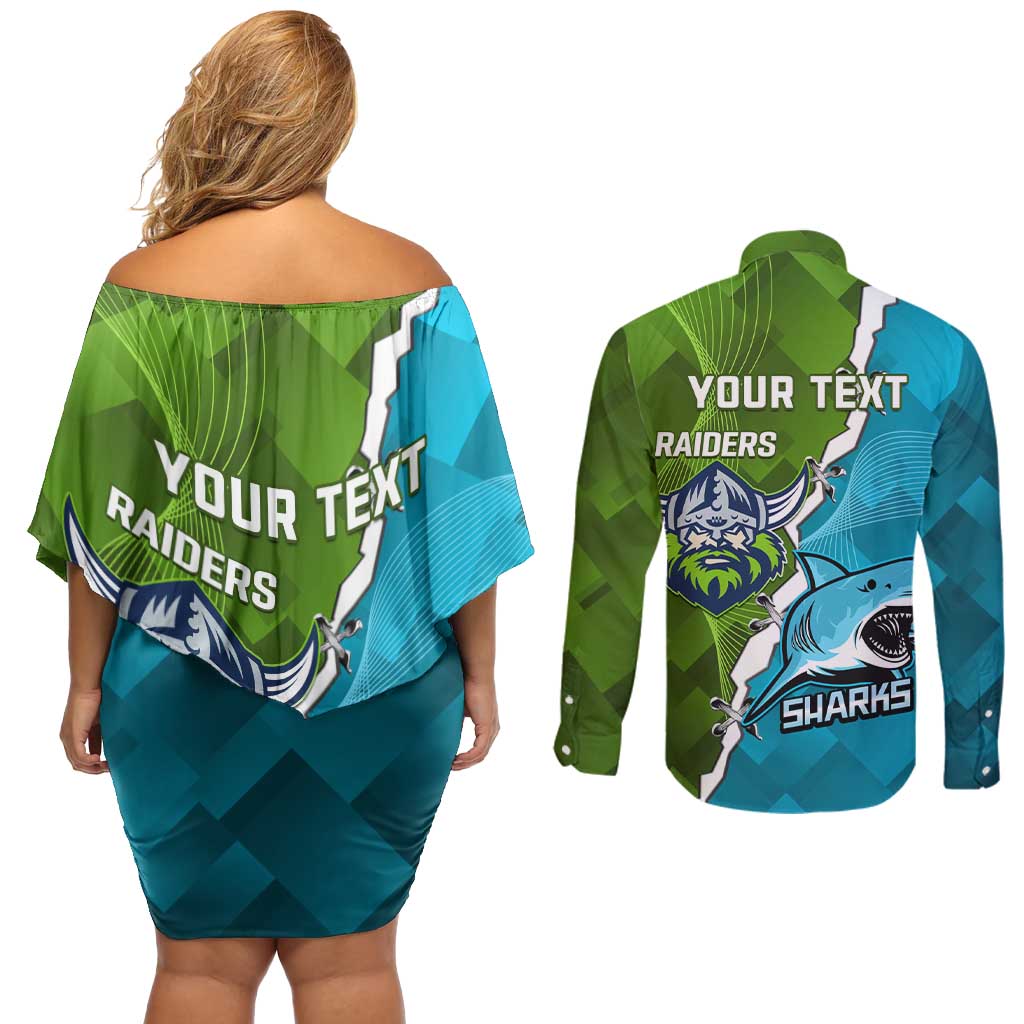 Personalised Sharks And Raiders Rugby Couples Matching Off Shoulder Short Dress and Long Sleeve Button Shirt Sporty Style