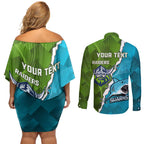 Personalised Sharks And Raiders Rugby Couples Matching Off Shoulder Short Dress and Long Sleeve Button Shirt Sporty Style