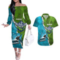 Personalised Sharks And Raiders Rugby Couples Matching Off The Shoulder Long Sleeve Dress and Hawaiian Shirt Sporty Style