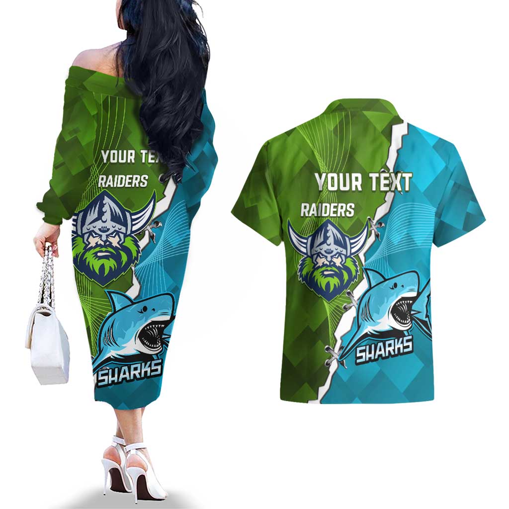 Personalised Sharks And Raiders Rugby Couples Matching Off The Shoulder Long Sleeve Dress and Hawaiian Shirt Sporty Style