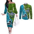Personalised Sharks And Raiders Rugby Couples Matching Off The Shoulder Long Sleeve Dress and Long Sleeve Button Shirt Sporty Style