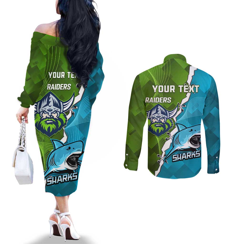 Personalised Sharks And Raiders Rugby Couples Matching Off The Shoulder Long Sleeve Dress and Long Sleeve Button Shirt Sporty Style