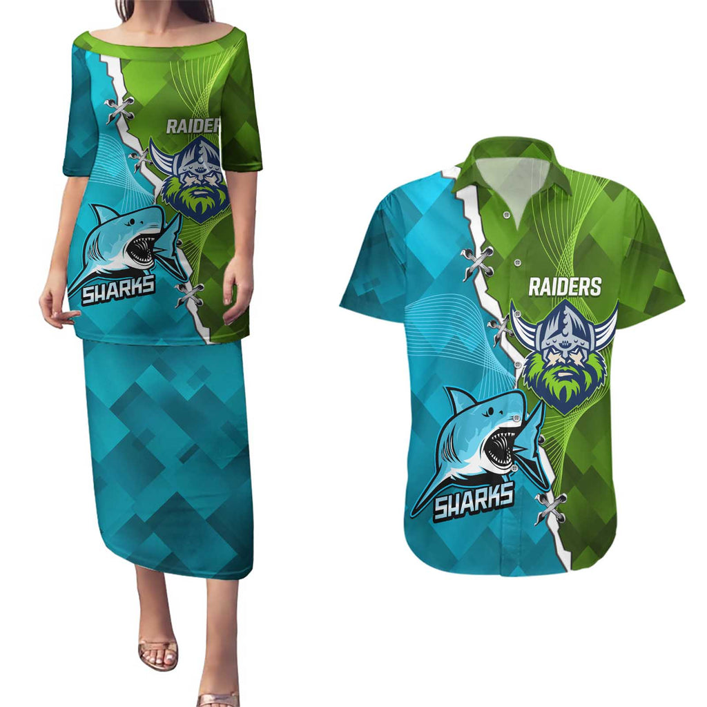 Personalised Sharks And Raiders Rugby Couples Matching Puletasi and Hawaiian Shirt Sporty Style