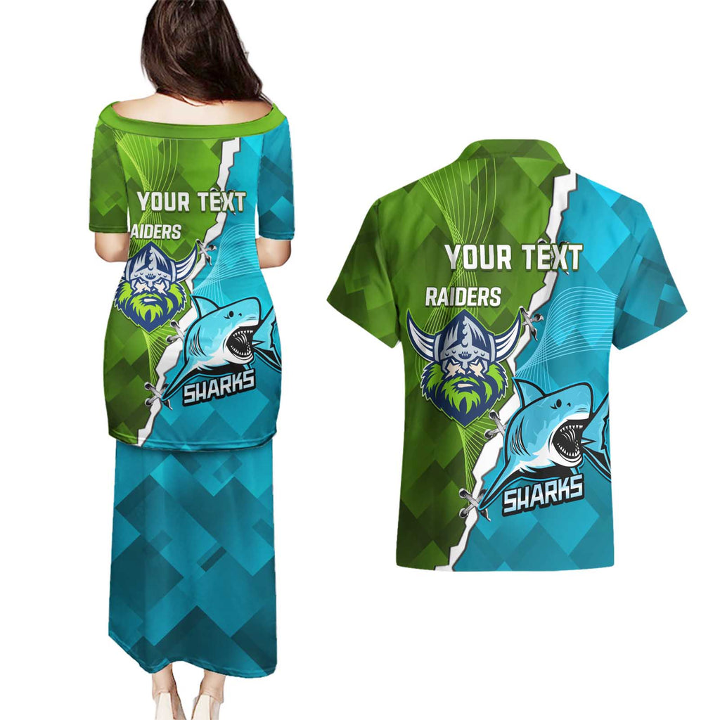 Personalised Sharks And Raiders Rugby Couples Matching Puletasi and Hawaiian Shirt Sporty Style