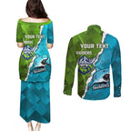 Personalised Sharks And Raiders Rugby Couples Matching Puletasi and Long Sleeve Button Shirt Sporty Style