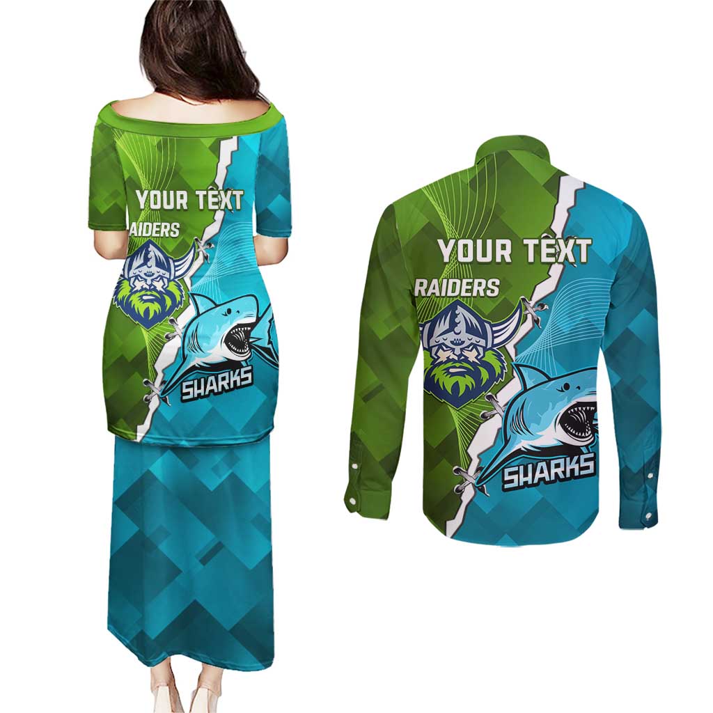 Personalised Sharks And Raiders Rugby Couples Matching Puletasi and Long Sleeve Button Shirt Sporty Style