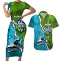 Personalised Sharks And Raiders Rugby Couples Matching Short Sleeve Bodycon Dress and Hawaiian Shirt Sporty Style