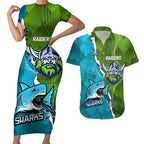 Personalised Sharks And Raiders Rugby Couples Matching Short Sleeve Bodycon Dress and Hawaiian Shirt Sporty Style