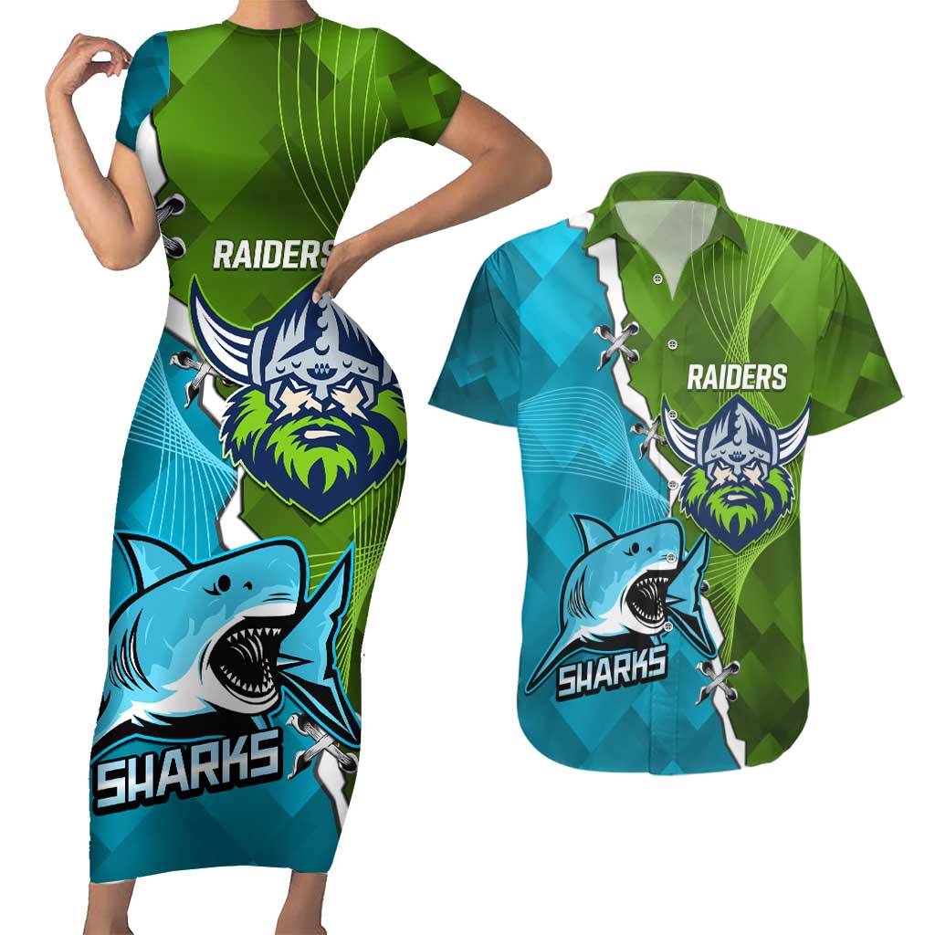 Personalised Sharks And Raiders Rugby Couples Matching Short Sleeve Bodycon Dress and Hawaiian Shirt Sporty Style