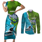 Personalised Sharks And Raiders Rugby Couples Matching Short Sleeve Bodycon Dress and Long Sleeve Button Shirt Sporty Style