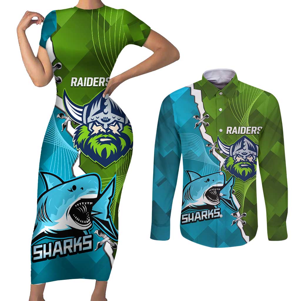 Personalised Sharks And Raiders Rugby Couples Matching Short Sleeve Bodycon Dress and Long Sleeve Button Shirt Sporty Style