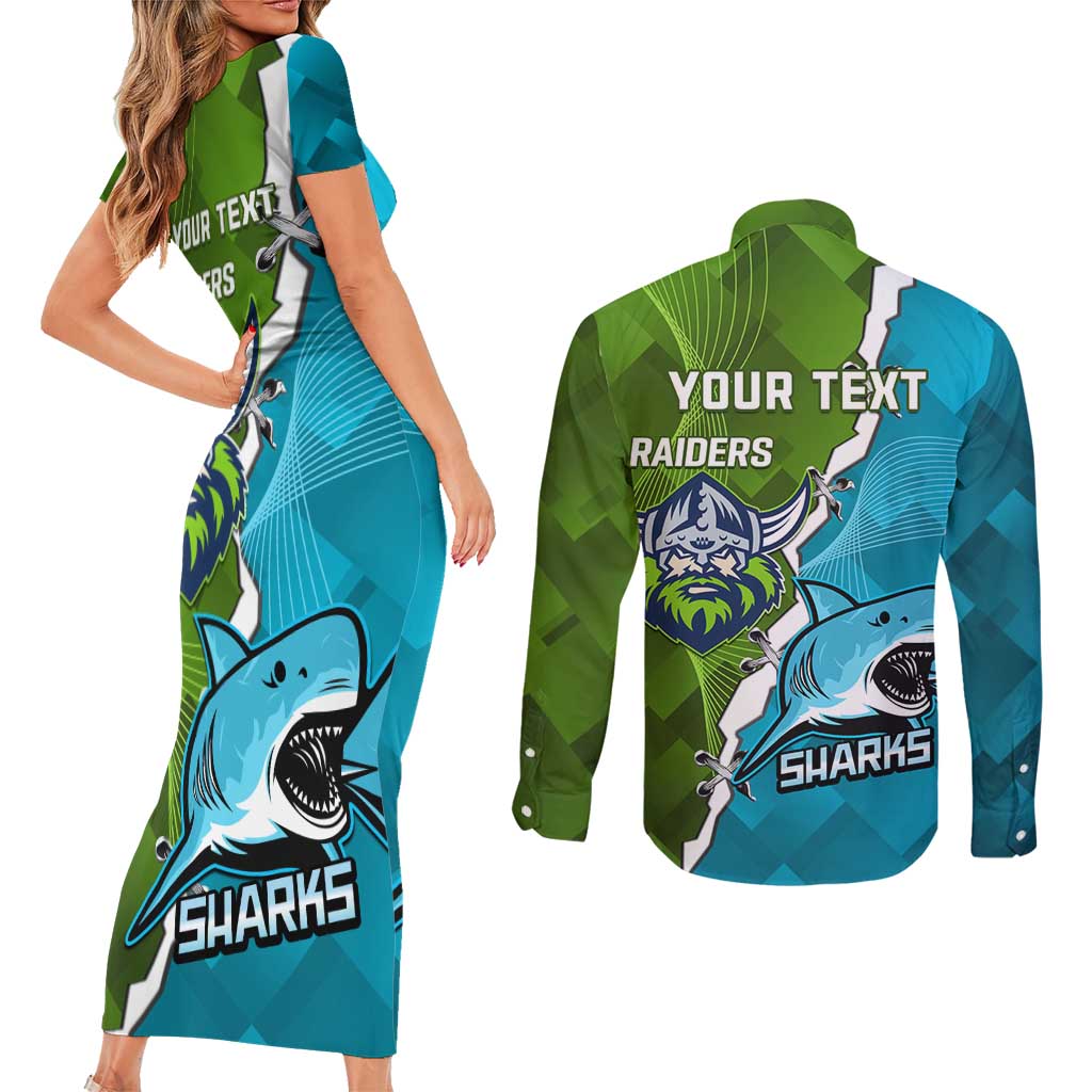 Personalised Sharks And Raiders Rugby Couples Matching Short Sleeve Bodycon Dress and Long Sleeve Button Shirt Sporty Style