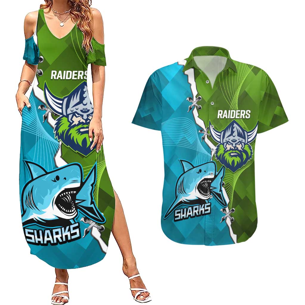 Personalised Sharks And Raiders Rugby Couples Matching Summer Maxi Dress and Hawaiian Shirt Sporty Style