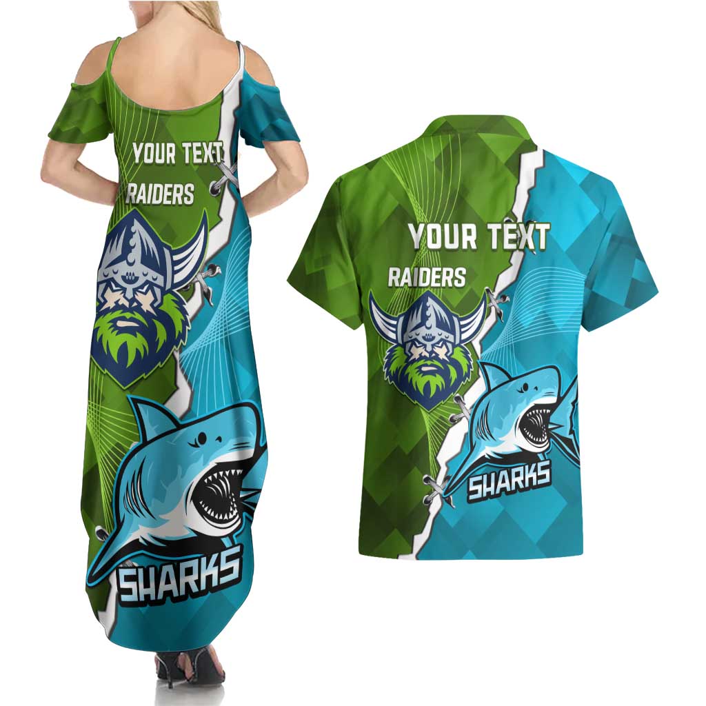 Personalised Sharks And Raiders Rugby Couples Matching Summer Maxi Dress and Hawaiian Shirt Sporty Style