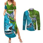 Personalised Sharks And Raiders Rugby Couples Matching Summer Maxi Dress and Long Sleeve Button Shirt Sporty Style
