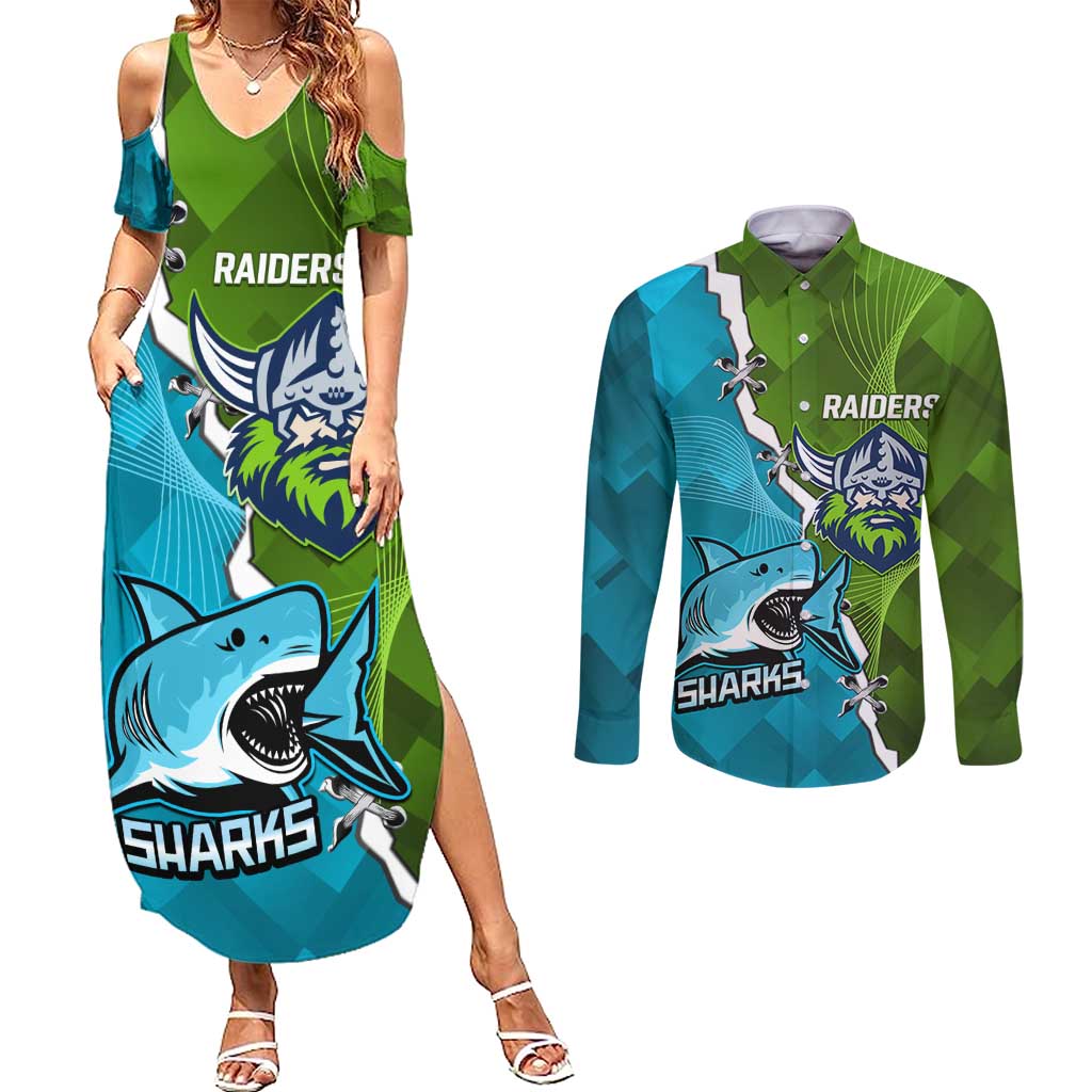 Personalised Sharks And Raiders Rugby Couples Matching Summer Maxi Dress and Long Sleeve Button Shirt Sporty Style