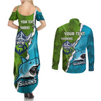 Personalised Sharks And Raiders Rugby Couples Matching Summer Maxi Dress and Long Sleeve Button Shirt Sporty Style