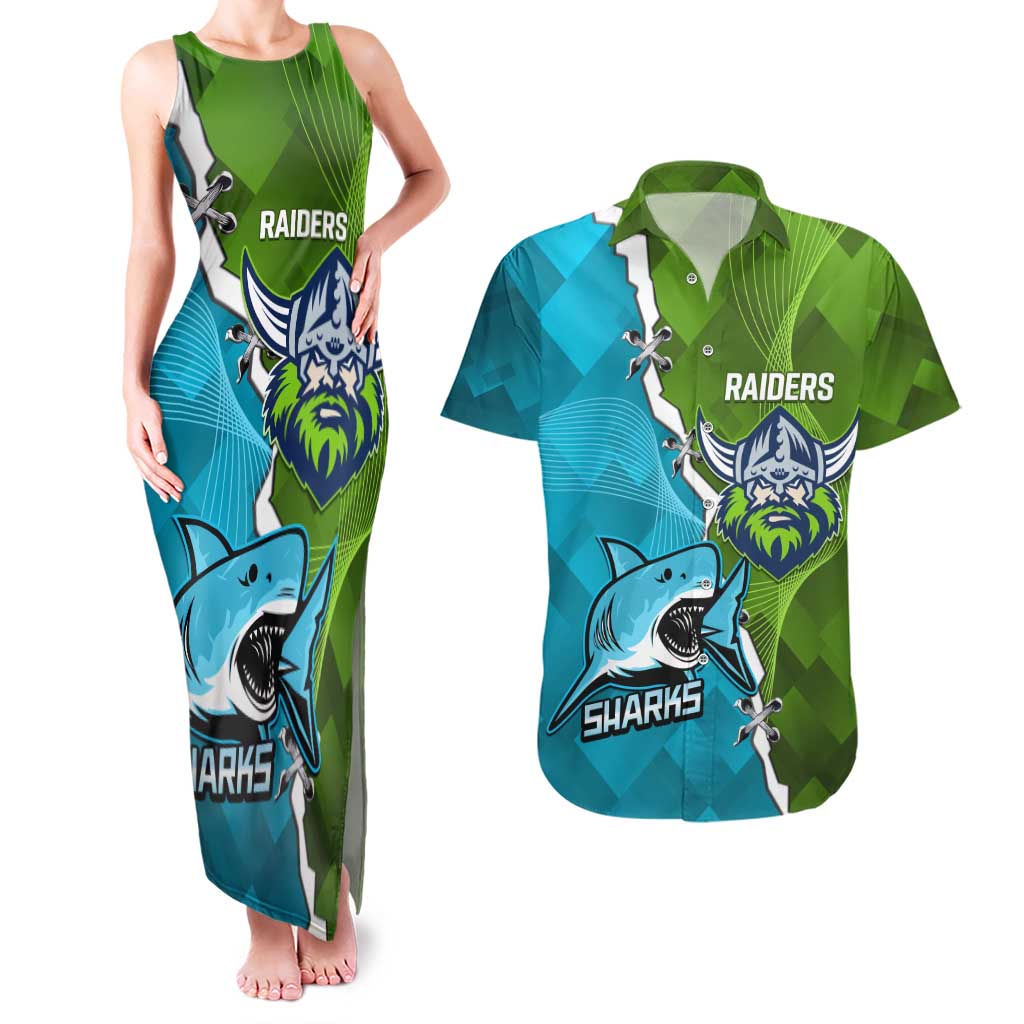 Personalised Sharks And Raiders Rugby Couples Matching Tank Maxi Dress and Hawaiian Shirt Sporty Style