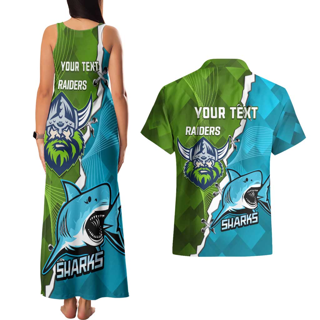 Personalised Sharks And Raiders Rugby Couples Matching Tank Maxi Dress and Hawaiian Shirt Sporty Style