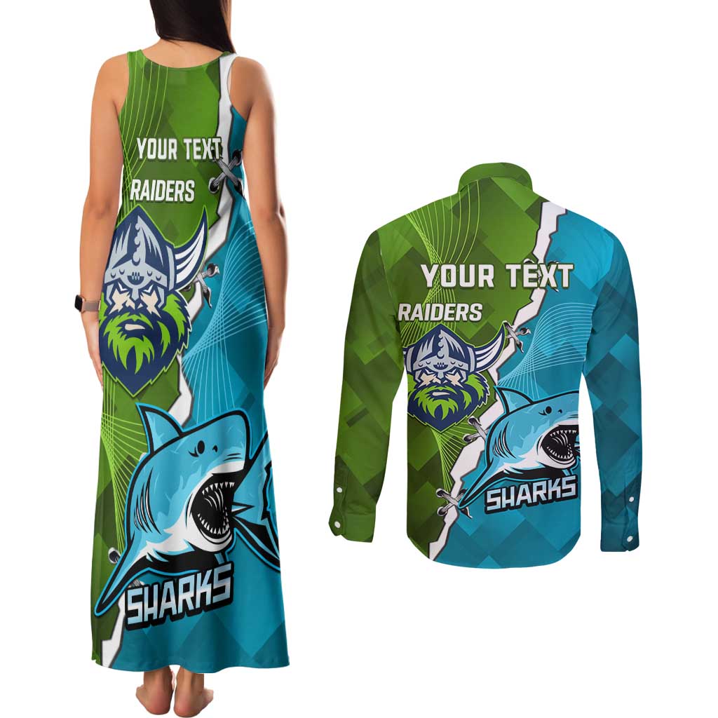 Personalised Sharks And Raiders Rugby Couples Matching Tank Maxi Dress and Long Sleeve Button Shirt Sporty Style