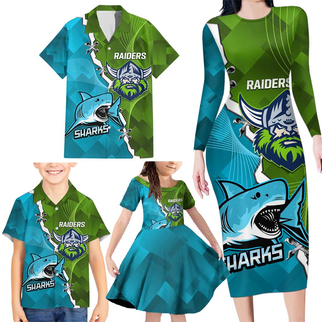 Personalised Sharks And Raiders Rugby Family Matching Long Sleeve Bodycon Dress and Hawaiian Shirt Sporty Style
